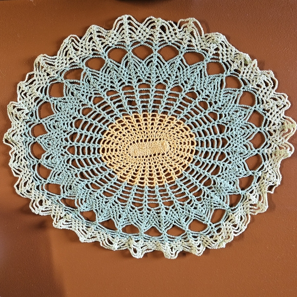 Other - Elegant Crochet Doily in Green and Yellow Oval 18" X 16"